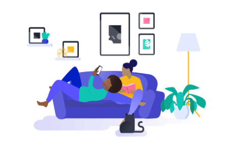 Illustration d'un couple sur son canapé avec un tablette connectée à internet
