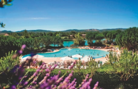 Piscine dans la nature entourée d'arbres