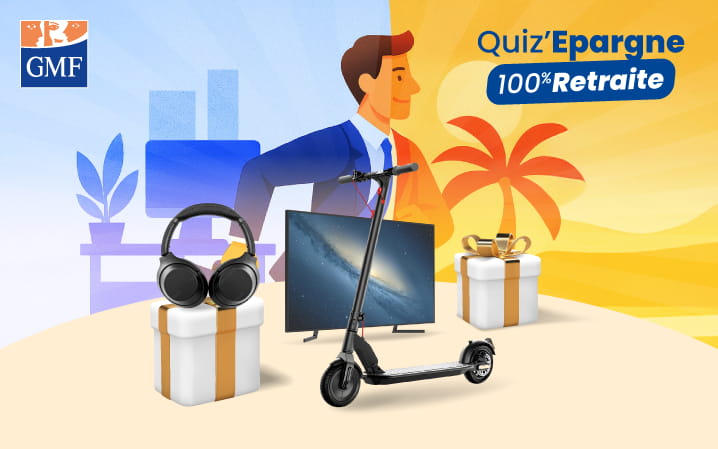 Quiz’Epargne 100% Retraite, lots à gagner : 1 x TV LED Samsung HD, 1 x Trottinette électrique ISCOOTER 19, 1 x Casque SONY ULT WEAR