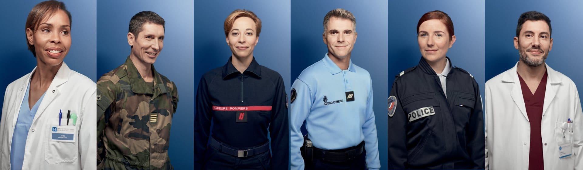 Femme sapeur-pompier et homme gendarme avec le sourire